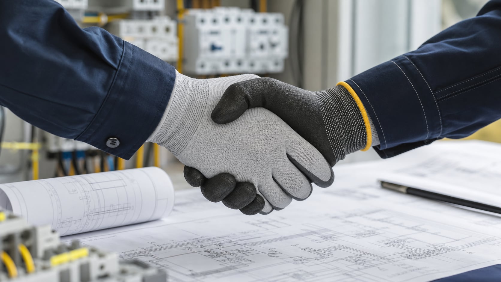 Gloved professionals shaking hands over electrical drawings and technical plans